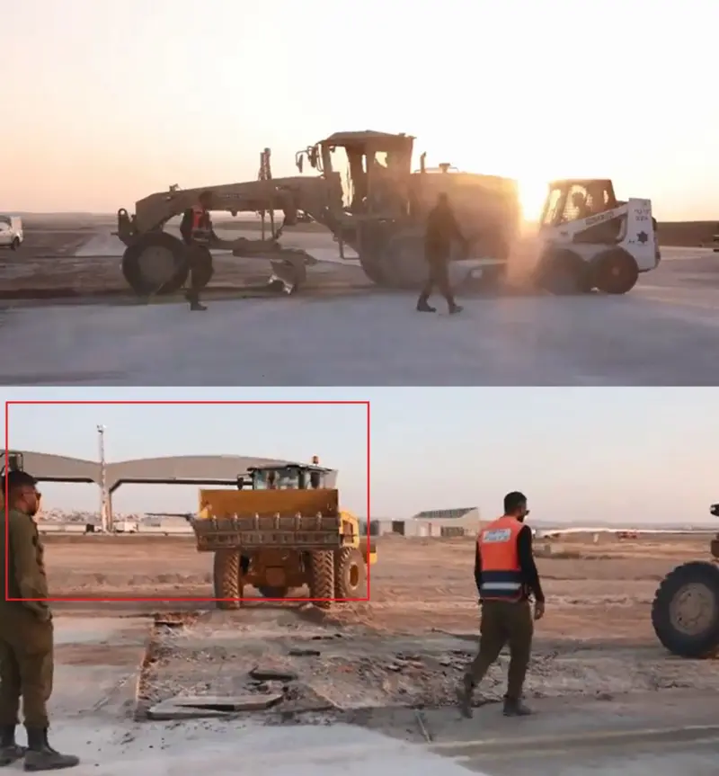 توضیح تصویر، تصاویر ارتش اسرائیل از پایگاه نواتیم که تعمیر باند جنوبی در نزدیکی یکی از آشیانه‌ها را نشان می‌دهد