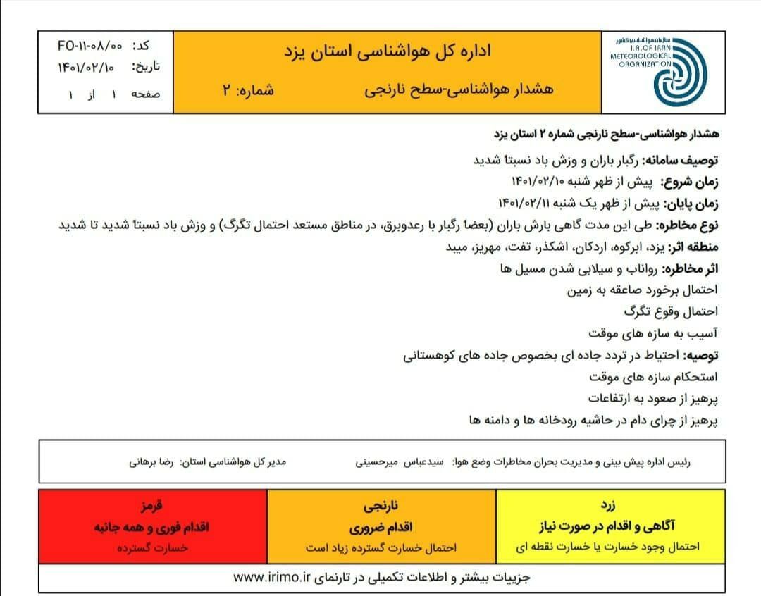  هشدار سطح نارنجی اداره ی هواشناسی استان یزد 
